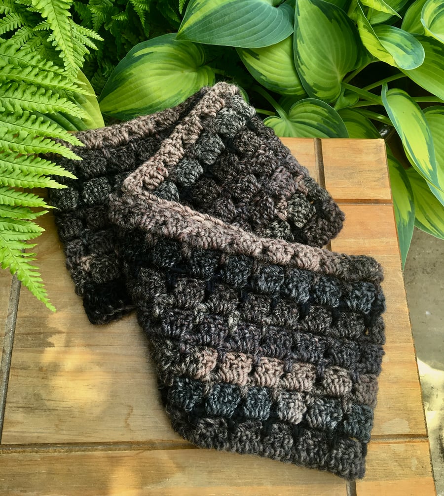 Dark Crochet Infinity Scarf, Brown and Black Chunky Cowl