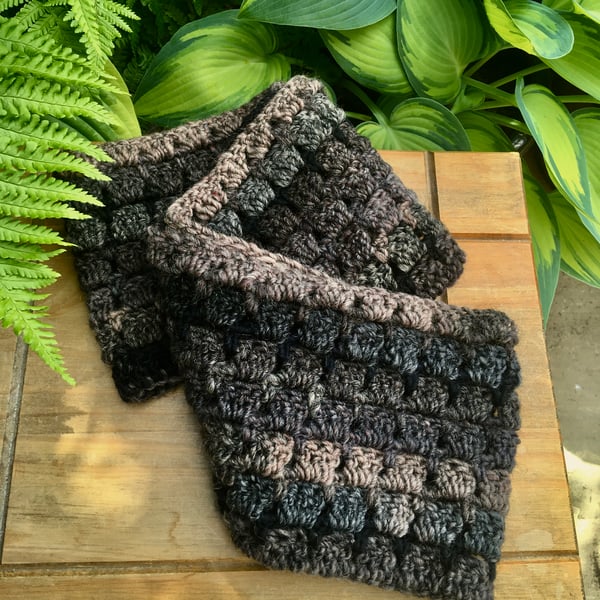 Dark Crochet Infinity Scarf, Brown and Black Chunky Cowl