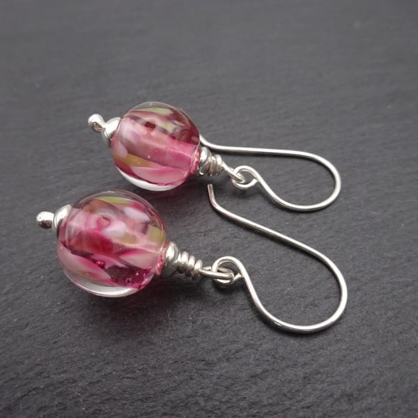 pink lampwork glass earrings, sterling silver jewellery