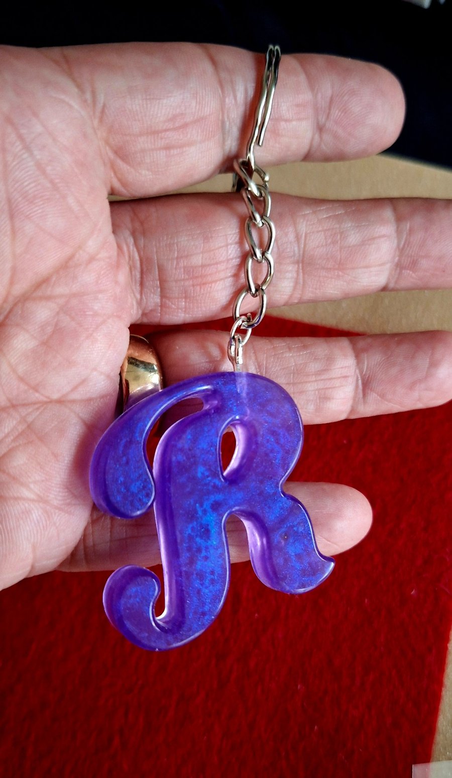 Purple resin initial R keyring