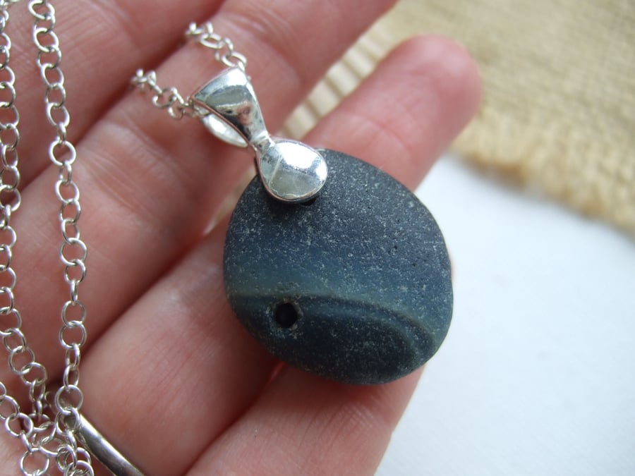 Seaham beach glass necklace, sterling silver bail, galaxy blue black necklace
