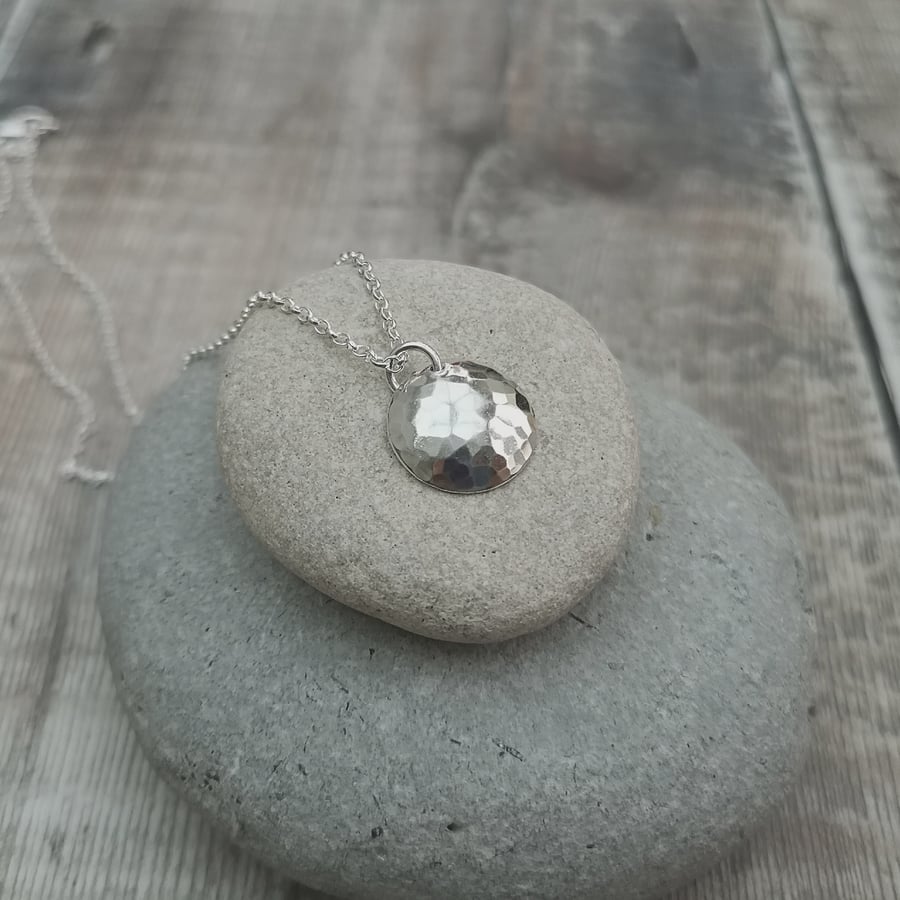 Sterling Silver Hammered Dome Disc Pendant Necklace