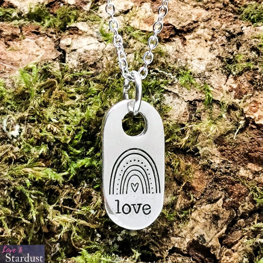 RAINBOW LOVE Hand Stamped Pewter Necklace