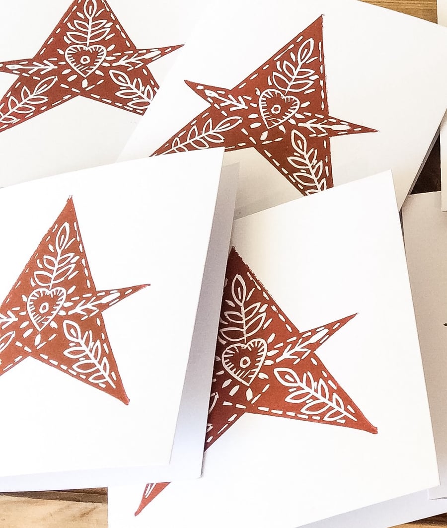 Hand printed Lino Print Christmas Cards. Red stars. Pack of four 