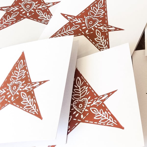 Hand printed Lino Print Christmas Cards. Red stars. Pack of four 