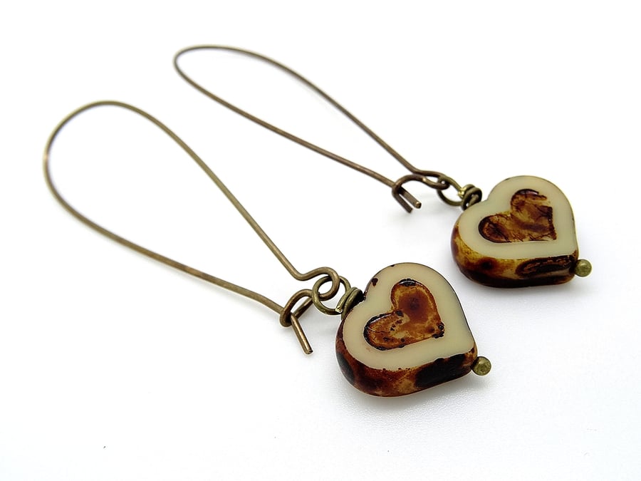 Etched Hearts Earrings Czech Glass Table Cut