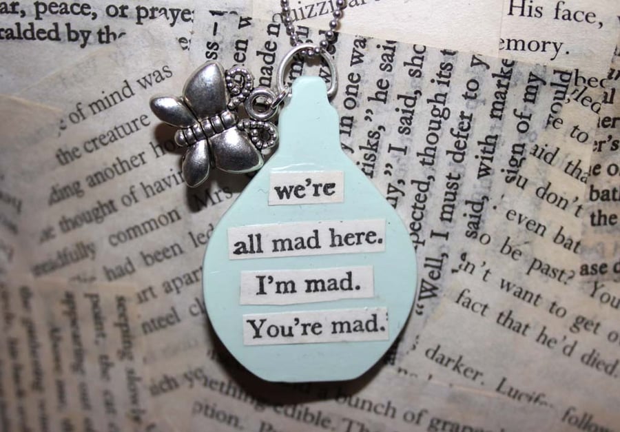 Fairy Tale Alice in Wonderland Book Quote Butterfly Charm Silver Necklace