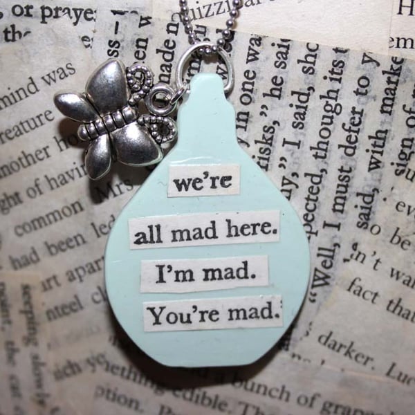 Fairy Tale Alice in Wonderland Book Quote Butterfly Charm Silver Necklace