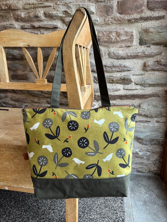 Olive Green Bird Print Tote Bag – Japanese Linen & Oilskin – Handmade Zipped Sho