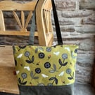 Olive Green Bird Print Tote Bag – Japanese Linen & Oilskin – Handmade Zipped Sho