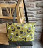 Olive Green Bird Print Tote Bag – Japanese Linen & Oilskin – Handmade Zipped Sho
