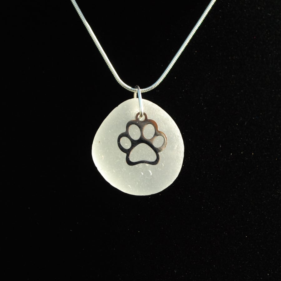 Sea glass pendant with paw print charm