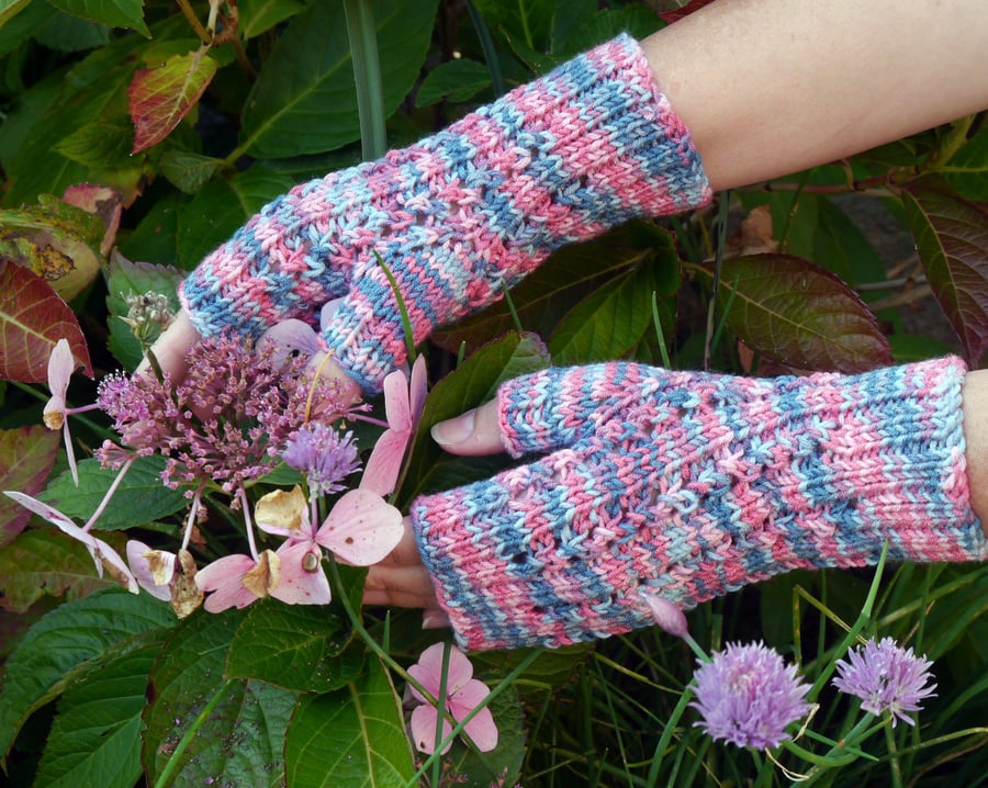 Fingerless Gloves Pink and Blue, Wrist Warmers, Stocking Filler