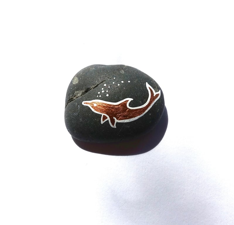Handpainted Sea Creature Copper Dolphin Stone, Serene Cosy Living Space Home Art