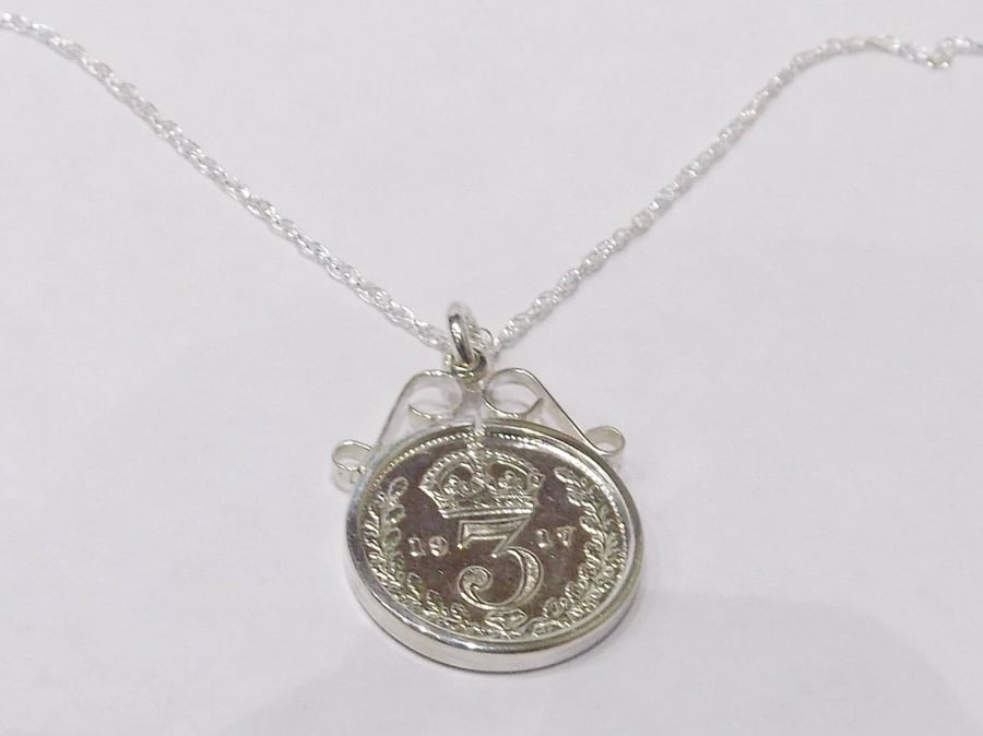1921 100th Birthday Anniversary 3D Threepence coin pendant plus 18inch SS chain