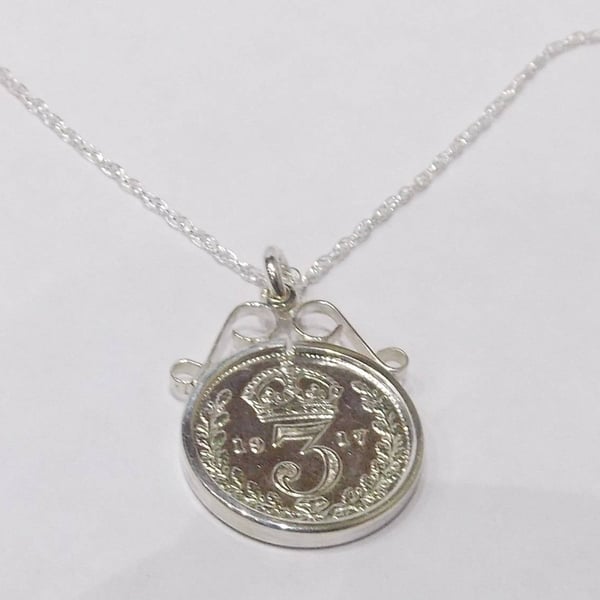 1921 100th Birthday Anniversary 3D Threepence coin pendant plus 18inch SS chain