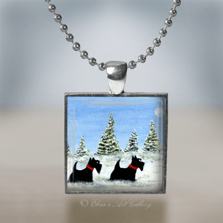 Silver Plated Scottish Terriers in the Snow Art Pendant Necklace