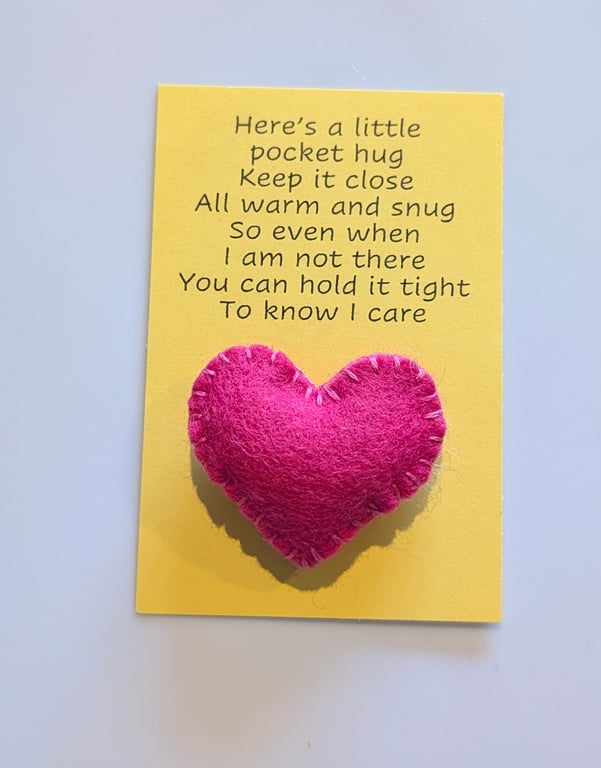 Handmade handsewn felt mini heart shaped pocket hug pink