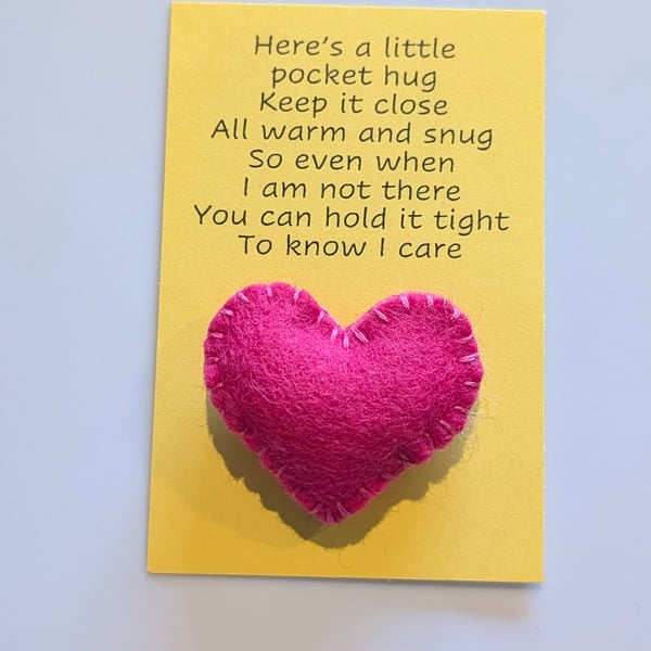 Handmade handsewn felt mini heart shaped pocket hug pink