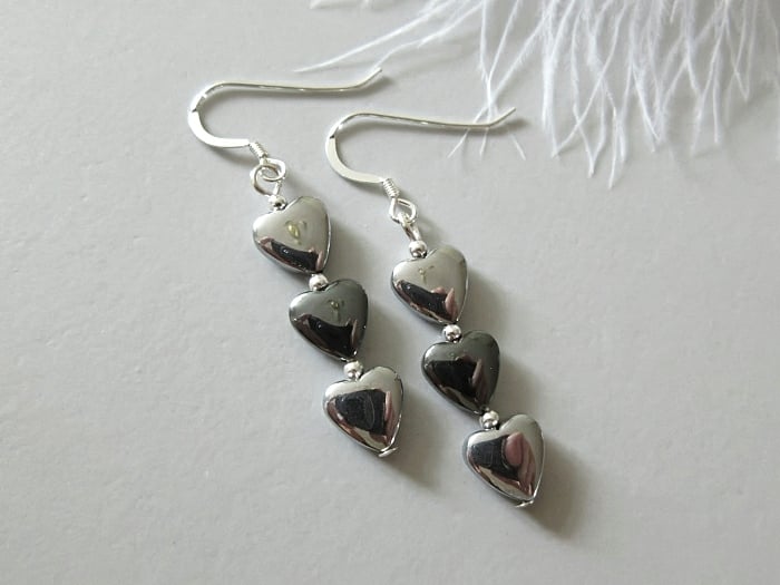 Slim Silver & Black Hematite Heart Beaded Earrings With Sterling Silver