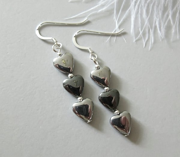 Slim Silver & Black Hematite Heart Beaded Earrings With Sterling Silver