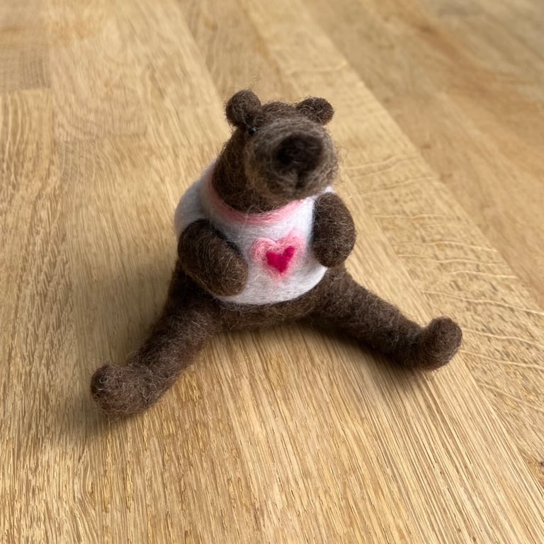 Needle felted brown bear with felted heart top