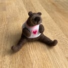 Needle felted brown bear with felted heart top