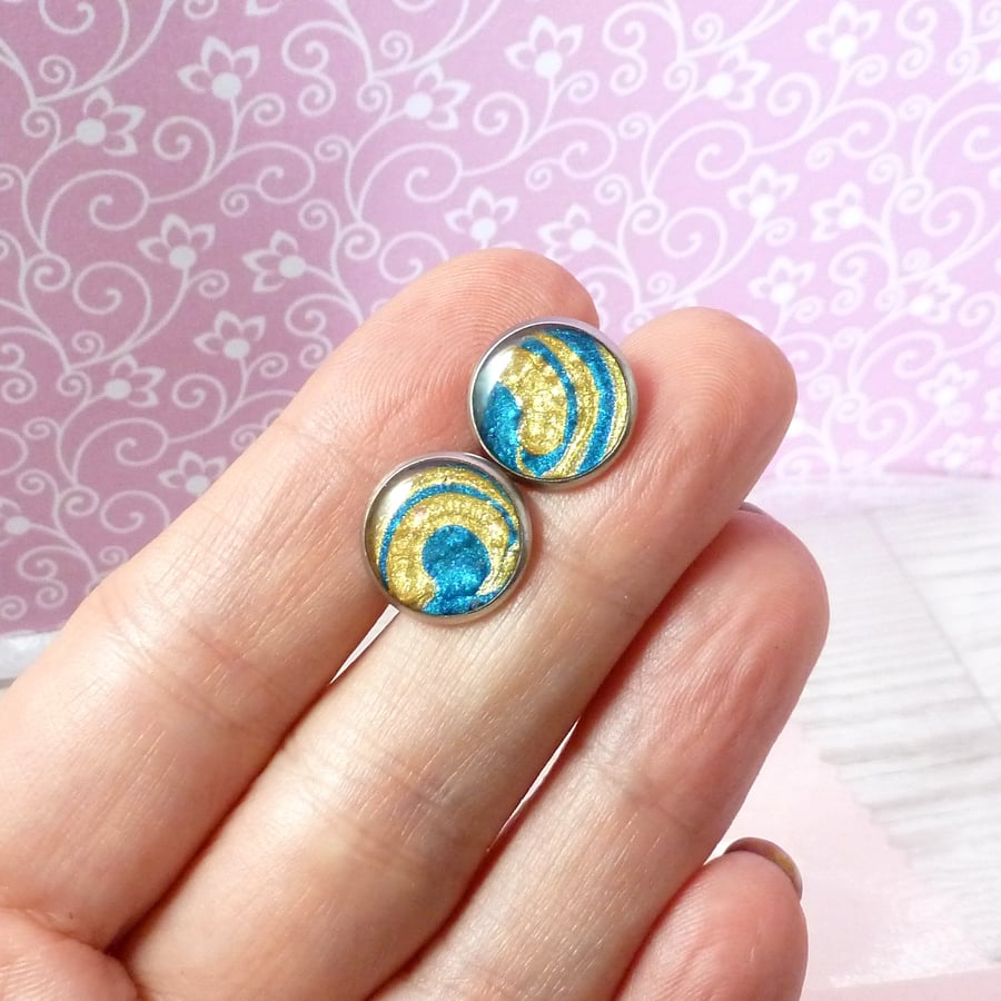 OOAK gold and turquoise studs. Dainty one-off stud earrings.