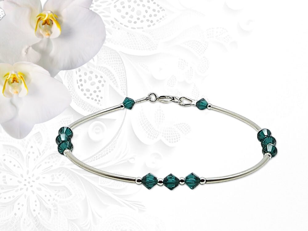 Emerald Green Premium Crystals & Sterling Silver Curve Tubes Designer Bracelet