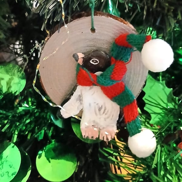 Christmas tree decoration, Penguin made from airdry clay with a fabric scarf.  