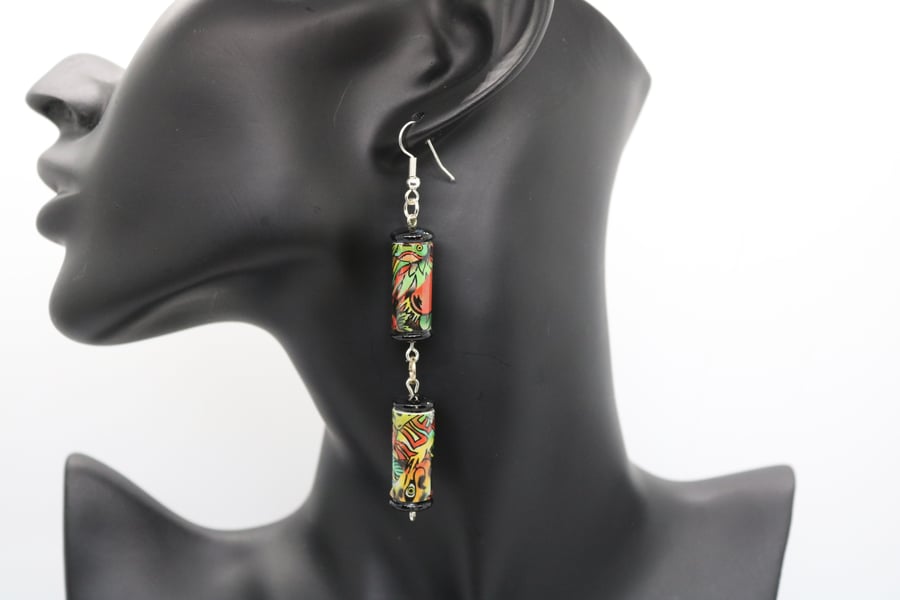 Tubular dangling paper beaded earrings with rock'n roll design