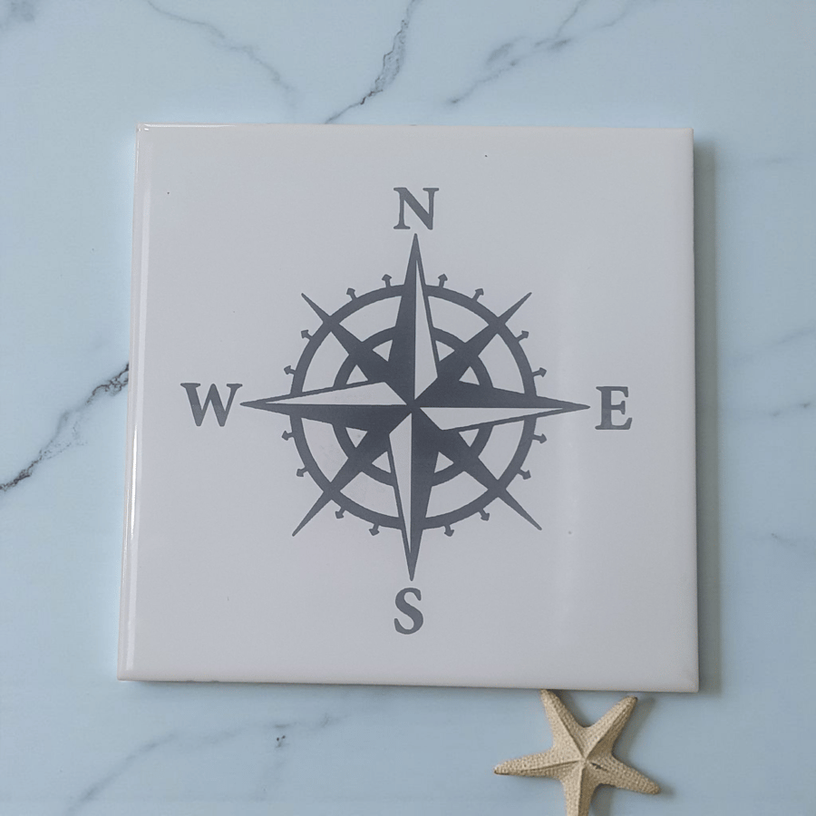 Laser-Engraved Nautical Compass Ceramic Tile