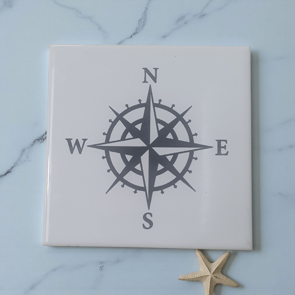 Laser-Engraved Nautical Compass Ceramic Tile