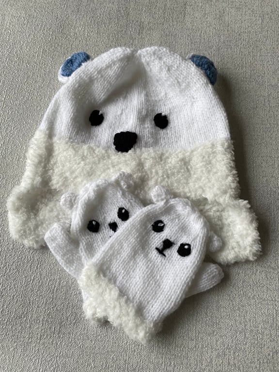 Hand knitted polar bear hat and mitts
