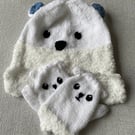 Hand knitted polar bear hat and mitts