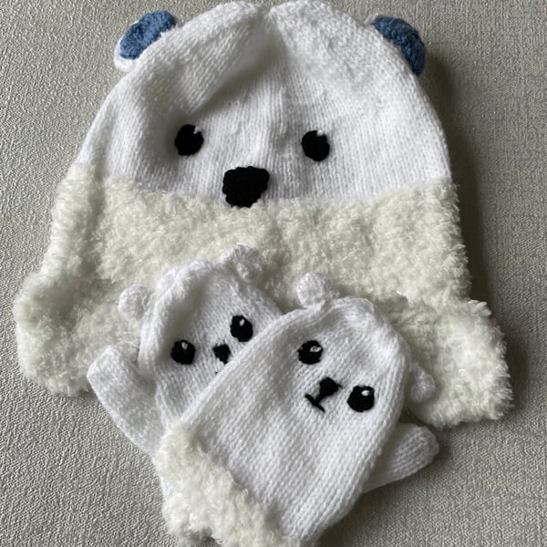 Hand knitted polar bear hat and mitts