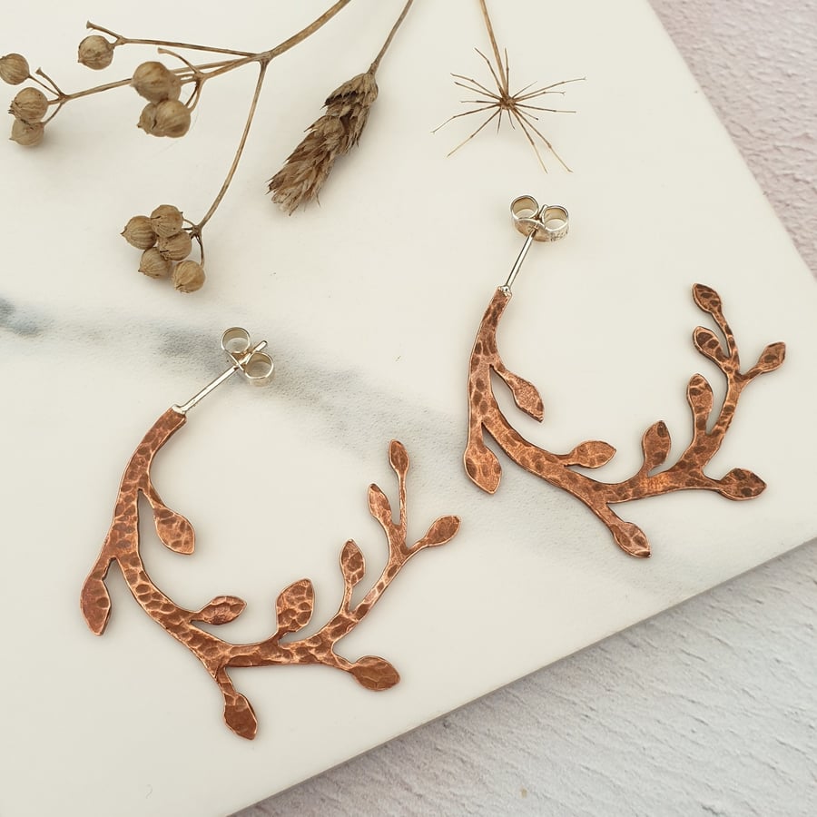 Copper Leaf Hoop Earring - Autumn Inspired Half Hoop Stud Earrings 