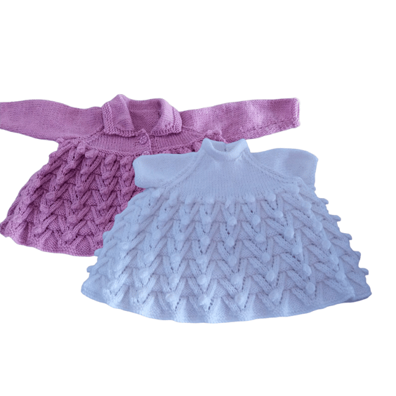 Hand knitted baby lilac cardigan and white dress 0 - 3 months