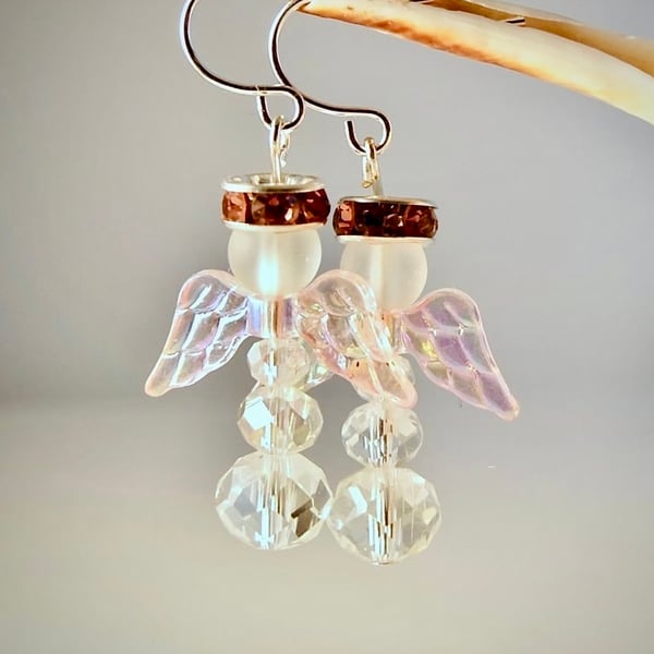 Christmas Earrings, Angels With Pink Wings, Stocking Filler, Secret Santa Gifts