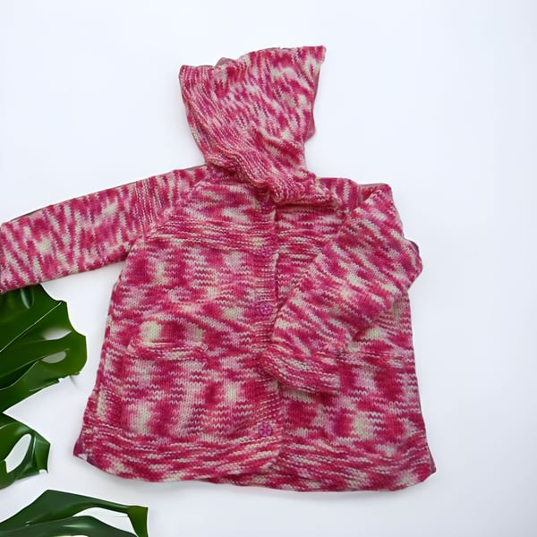 Hooded Hand Knitted Cardigan, Red and Yellow Mix, 3-4 Yrs 