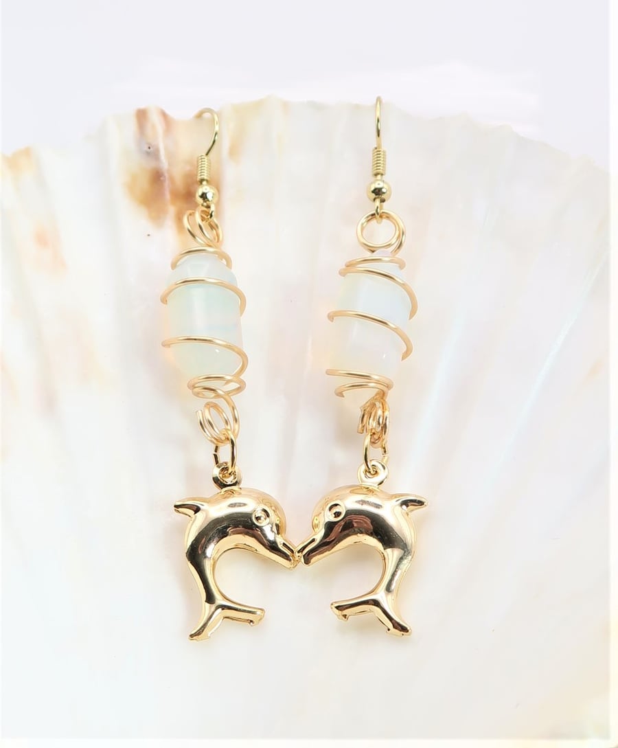 18K Gold Plated Double Terminated Point Opalite and Dolphin Earrings.