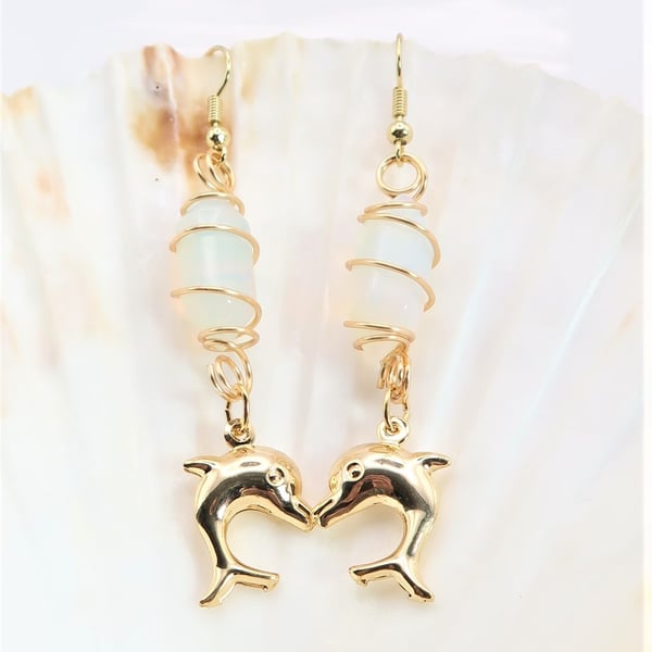 18K Gold Plated Double Terminated Point Opalite and Dolphin Earrings.