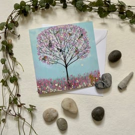 Cherry Tree Birds,  blank greetings card 