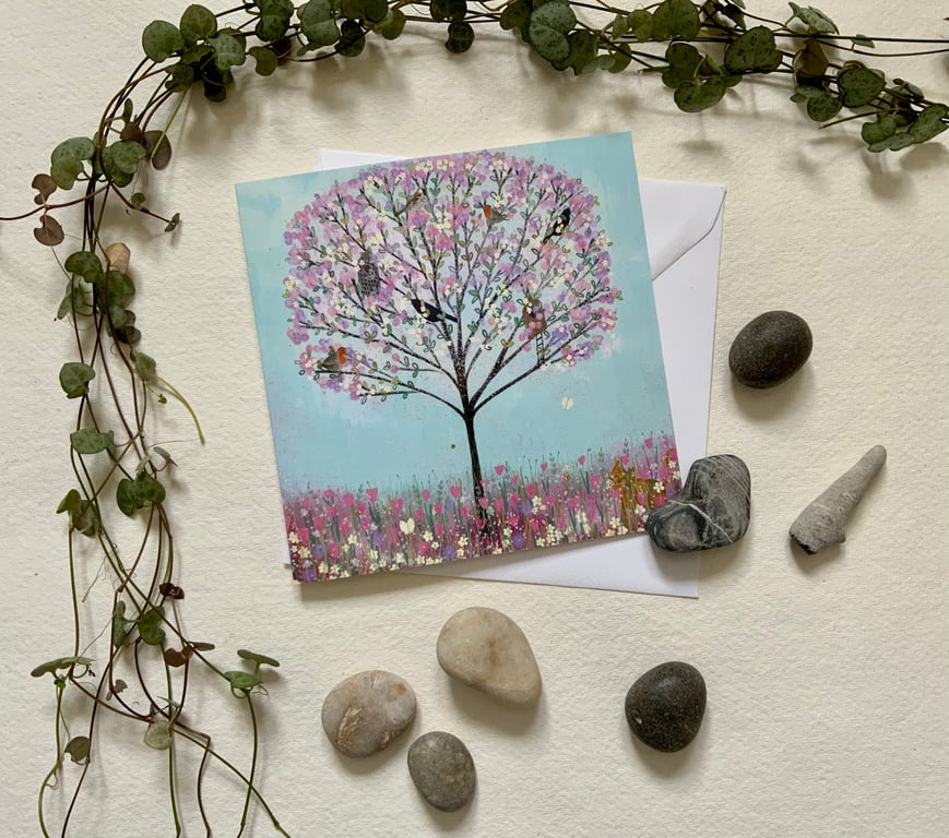 Cherry Tree Birds,  blank greetings card 