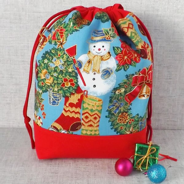 Project bag, drawstring bag, snowman, Christmas