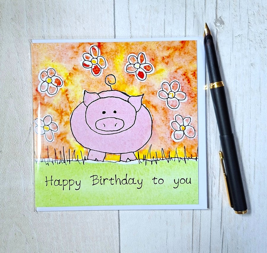 Piggy Birthday card. Pug card. Printed card. Birthday card. Floral Flower card.