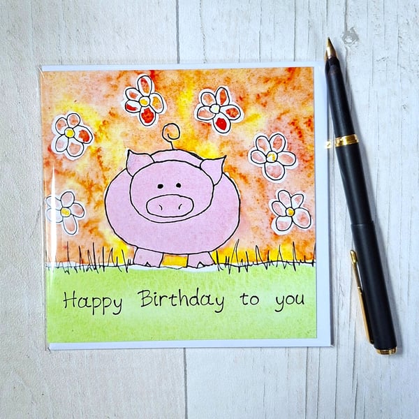 Piggy Birthday card. Pug card. Printed card. Birthday card. Floral Flower card.