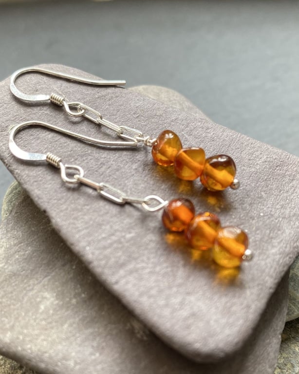 Amber & Sterling Silver Drop Earrings