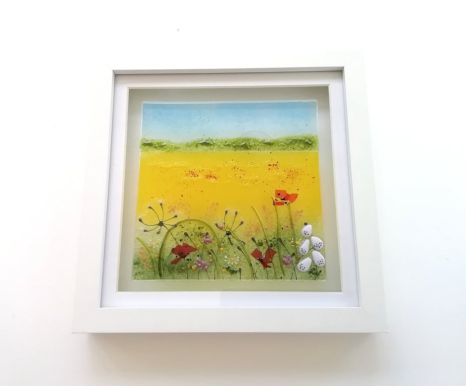 Landscape glass art, fused glass poppy field, framed art, wall hanger, gift. 