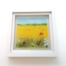 Landscape glass art, fused glass poppy field, framed art, wall hanger, gift. 